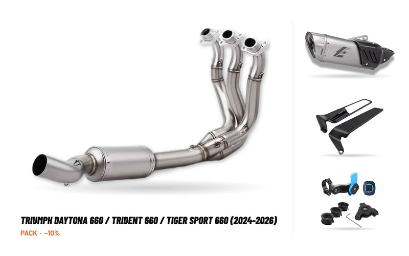 Manifolds + Exhaust Tip Pack – Triumph Daytona 660 / Trident 660 / Tiger Sport 660 (2024-2026)